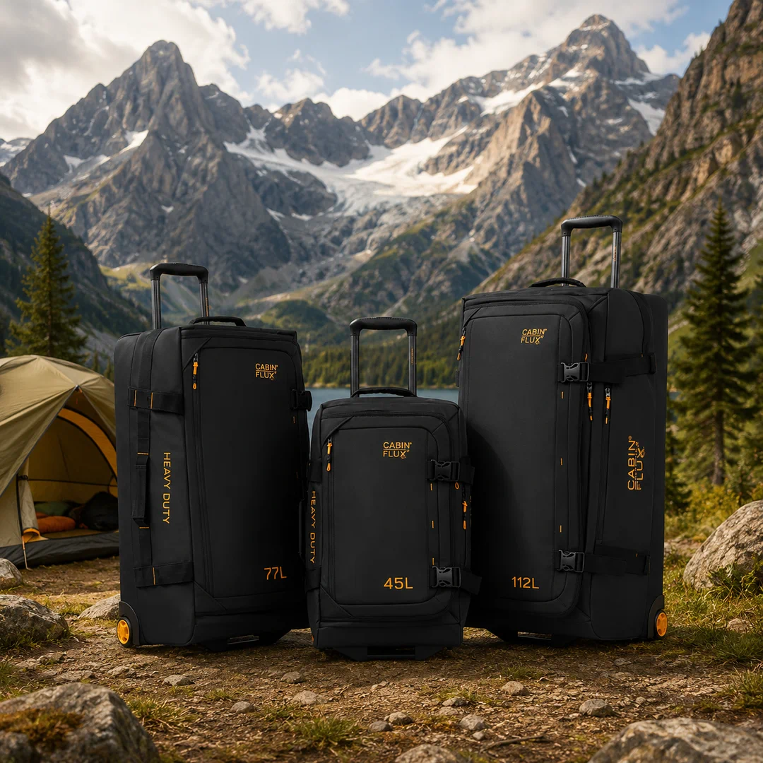 Buffalo duffel trio at a mountain campsite