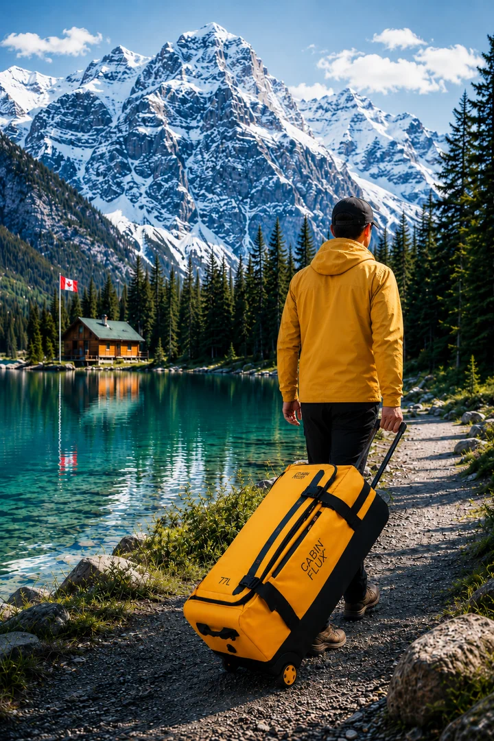 Buffalo wheeled duffel at a Rocky Mountains lake