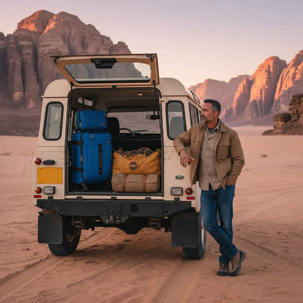 Apex Ranger soft luggage loaded in a 4x4 on a desert road trip
