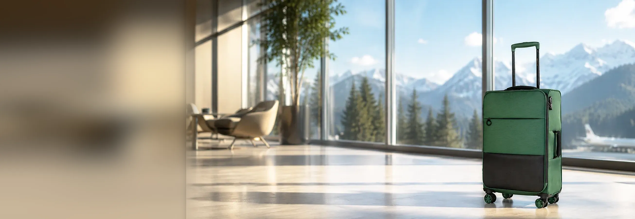 CABIN FLUX Spirit lightweight green carry-on in an alpine airport lounge