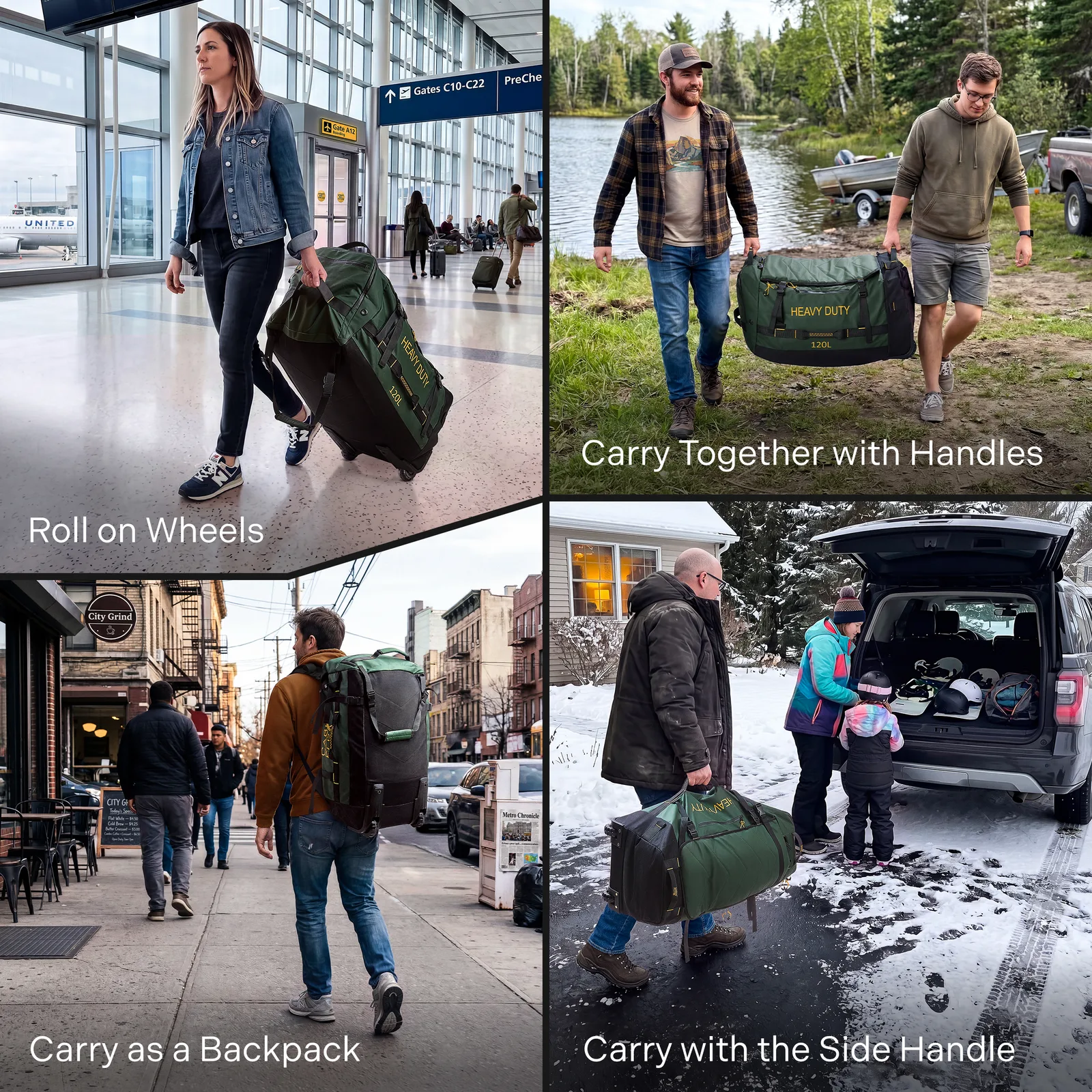 The four carry modes of the Rolling Duffle 120L: wheels, side handle, duffel grip and backpack straps
