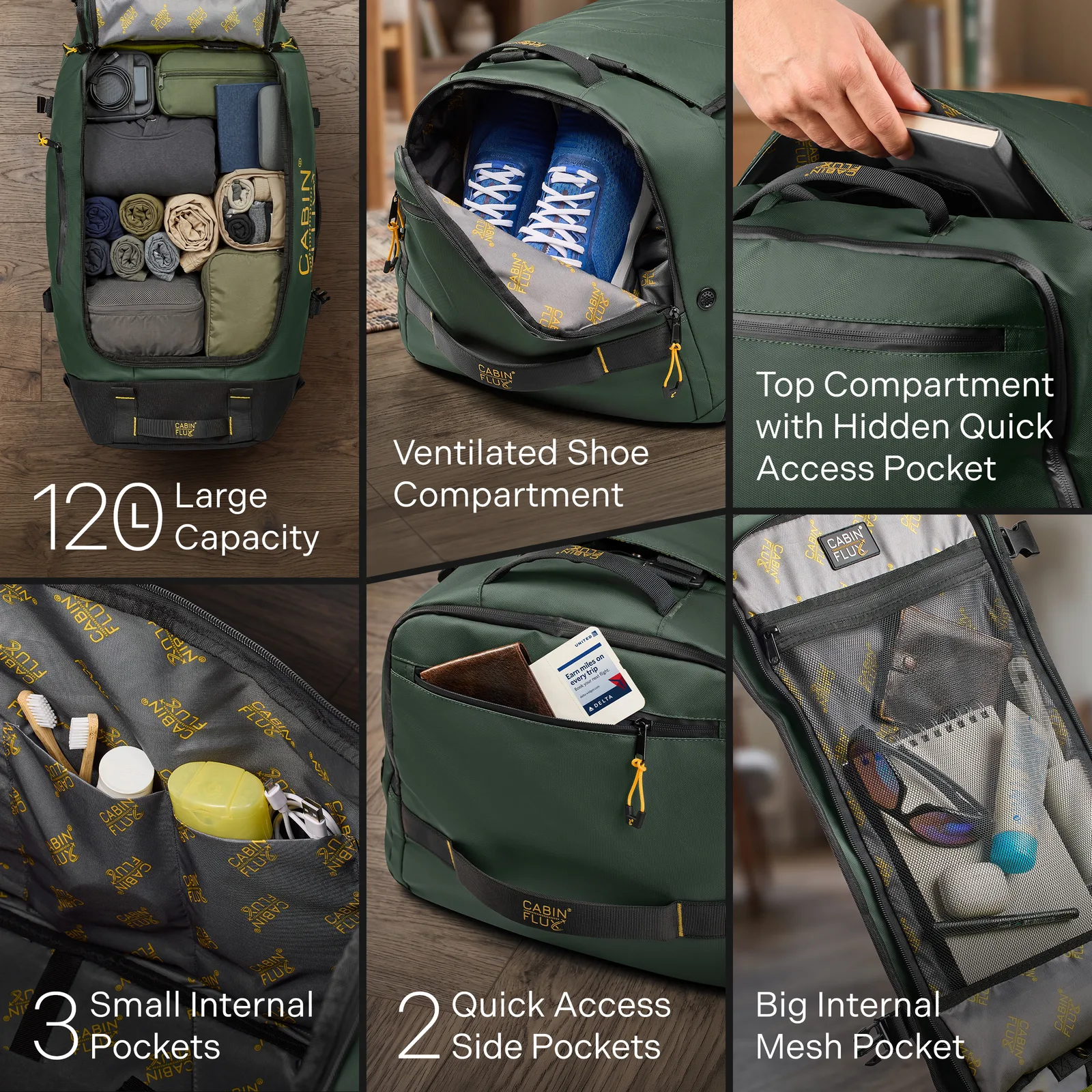 Interior organisation of the Rolling Duffle 120L with nine pockets and compression straps