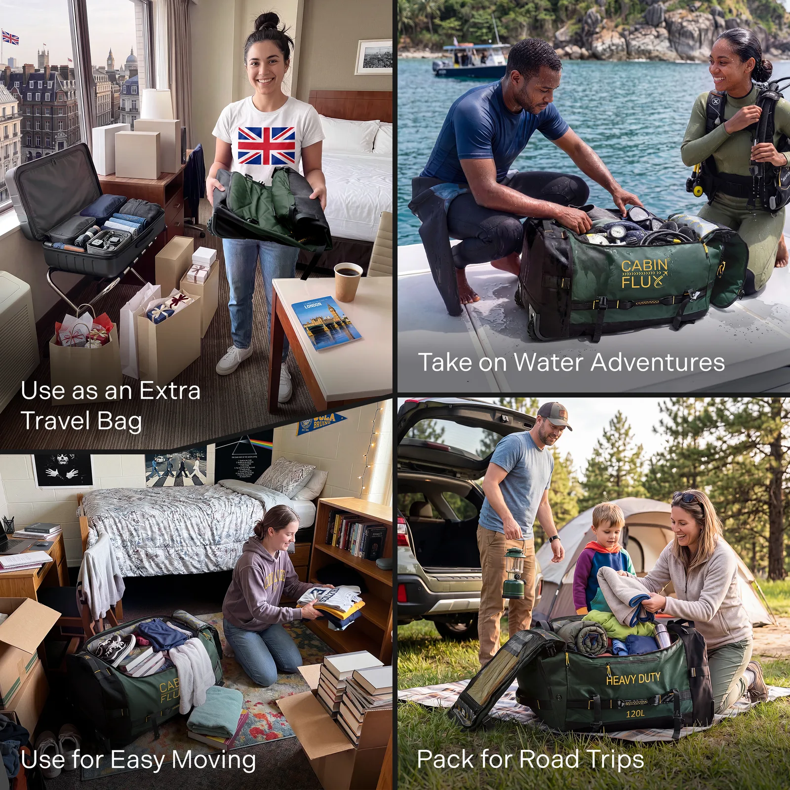 Rolling Duffle 120L use cases: travel, camping and moving