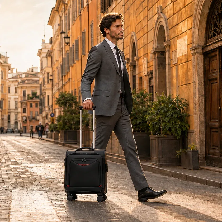 Businessman crossing a Rome street with the CABIN FLUX rolling laptop trolley