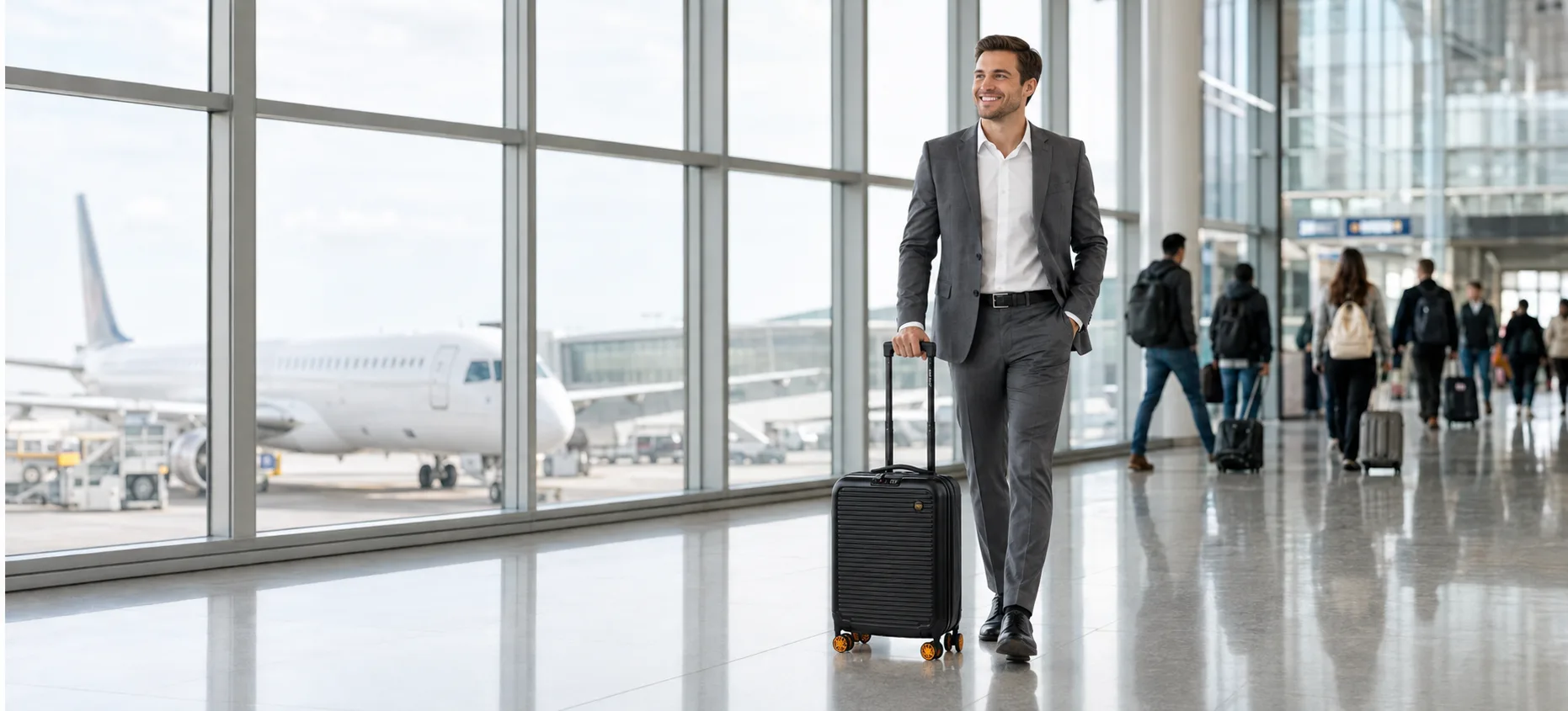 Traveller with the black Mirage 360 foldable carry-on in an airport terminal