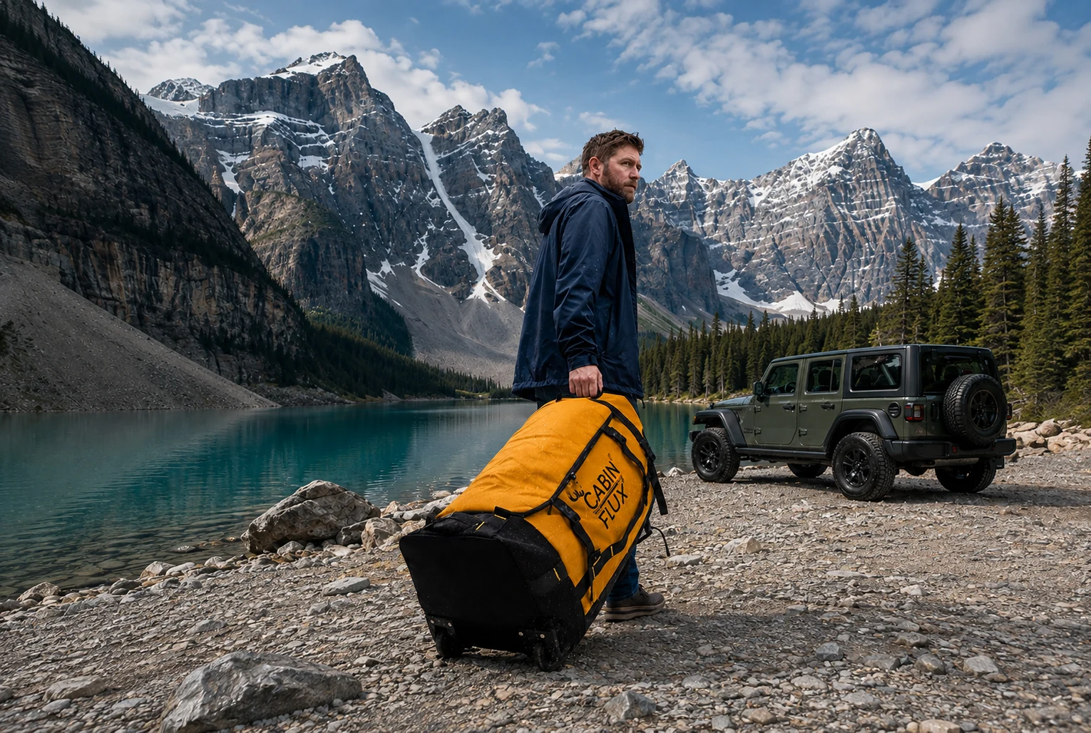 Traveller pulling the yellow CABIN FLUX Rolling Duffle 120L by a Canadian mountain lake
