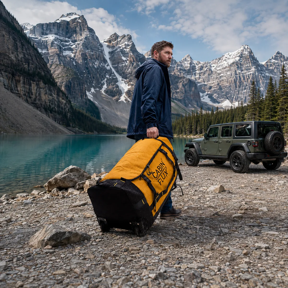 Traveller pulling the CABIN FLUX Rolling Duffle 120L in Beacon Yellow along a Canadian mountain lake