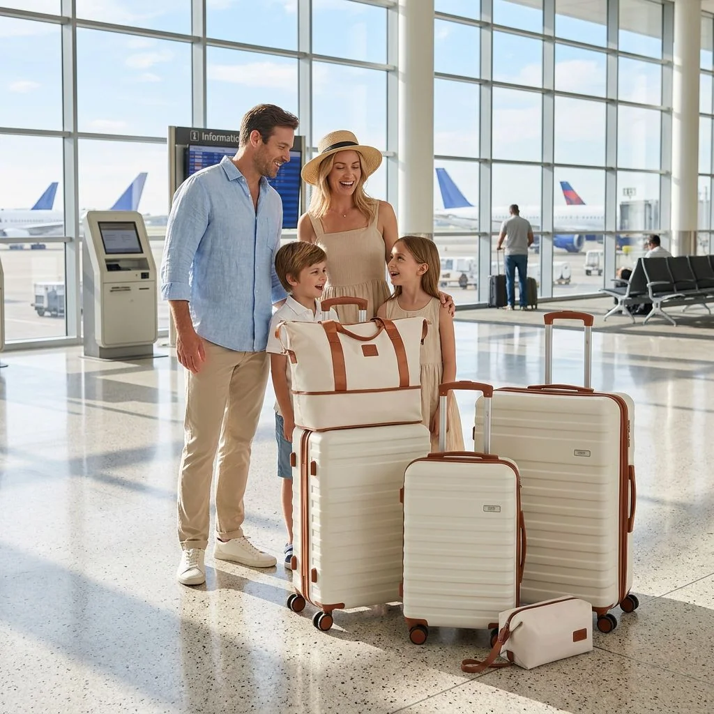 Family with the Céline cream set at the airport